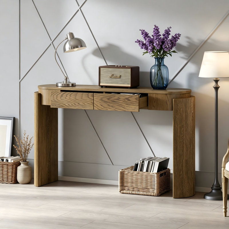 Natural Wood Grain Entryway Table, Oval Console Table with Fluted Detail & 2 Drawers for Foyer Living Room, Pine Wood