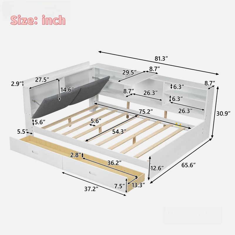 Lit plateforme avec 2 tiroirs, tablettes de rangement, tête de lit tapissier et plateau de rangement rotatif, Blanc