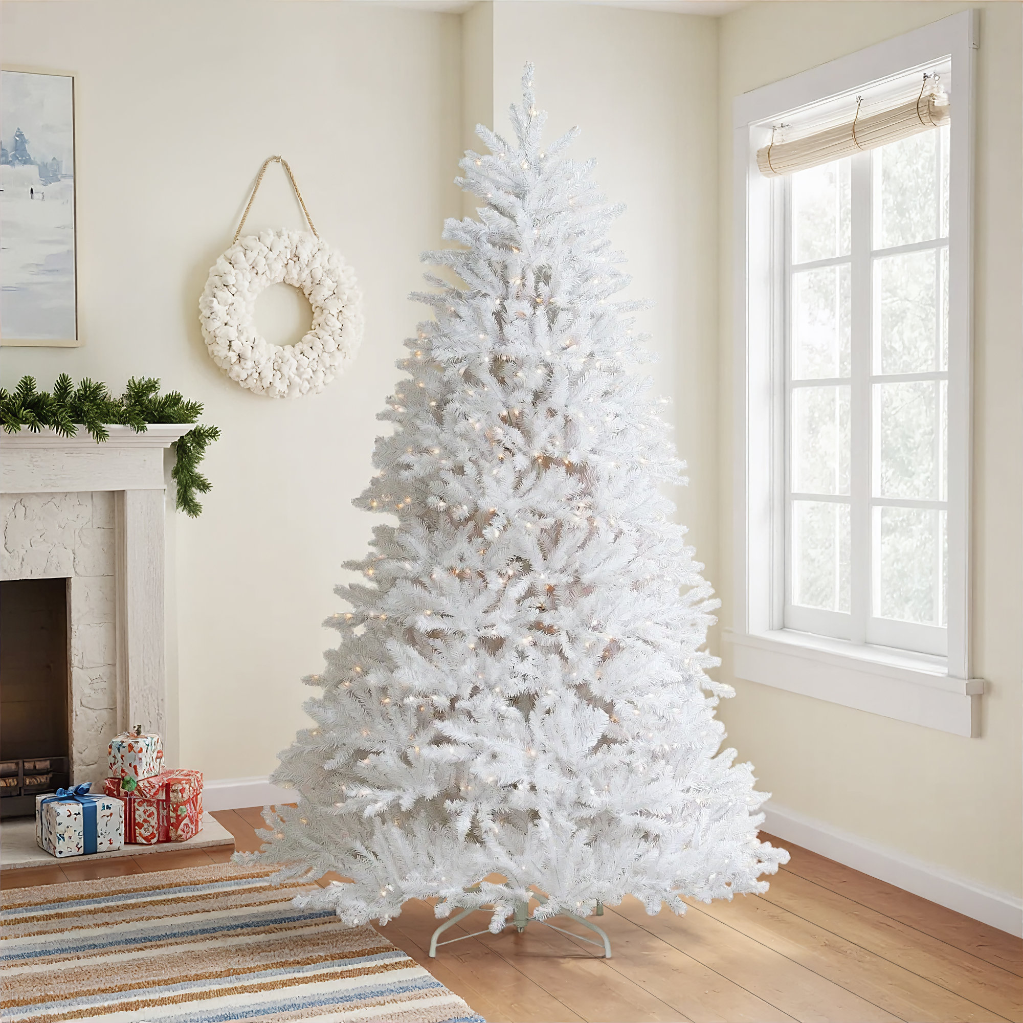 The Holiday Aisle® Dunhill Fir White Tree with Clear Lights, 9'
