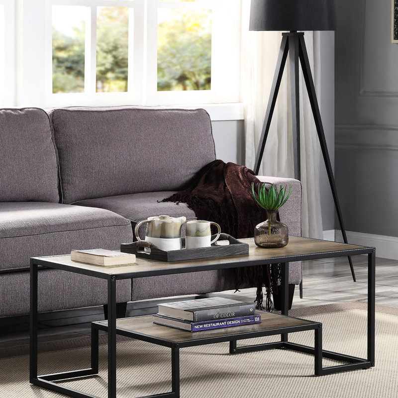 Table basse rectangulaire rustique en chêne et en noir avec une structure en métal à 1 niveau, une épaisseur de 15 mm, un bord en placage de papier pu, pour une décoration ouverte