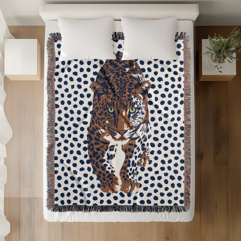 Jeté en mélange de coton Inky Leopard, Bleu / orange brûlé / blanc cassé, L 70 po x l 50 po