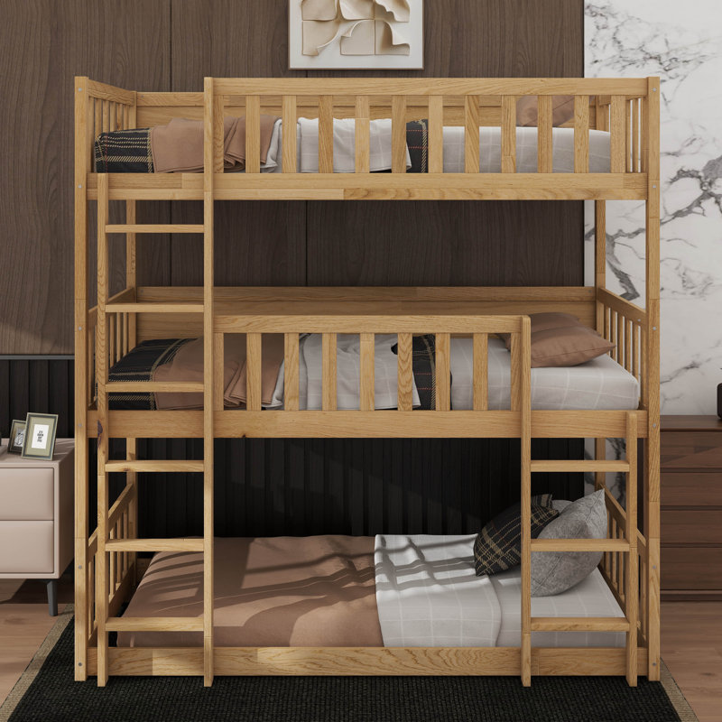 Lit superposé simple en bois d'hévéa triple avec échelles et barrières de sécurité, Naturel