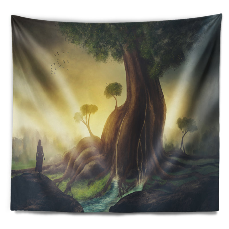 Arbre géant abstrait avec tapisserie de femme, H 50 po x l 60 po