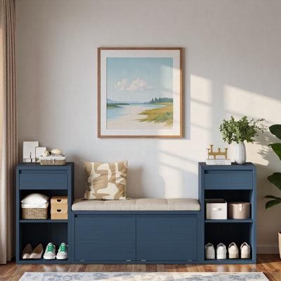 Storage Bench With Cushion, Compartments, Drawers And Open Shelves