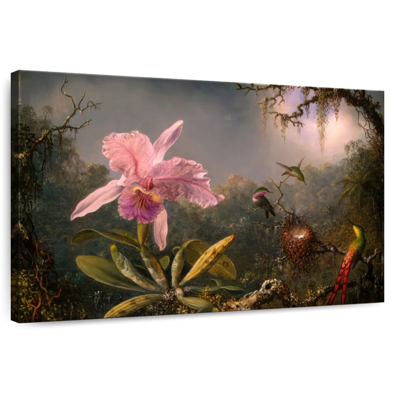Orchidée Harnek Cattleya et 3 colibris, H 34 po x l 51 po