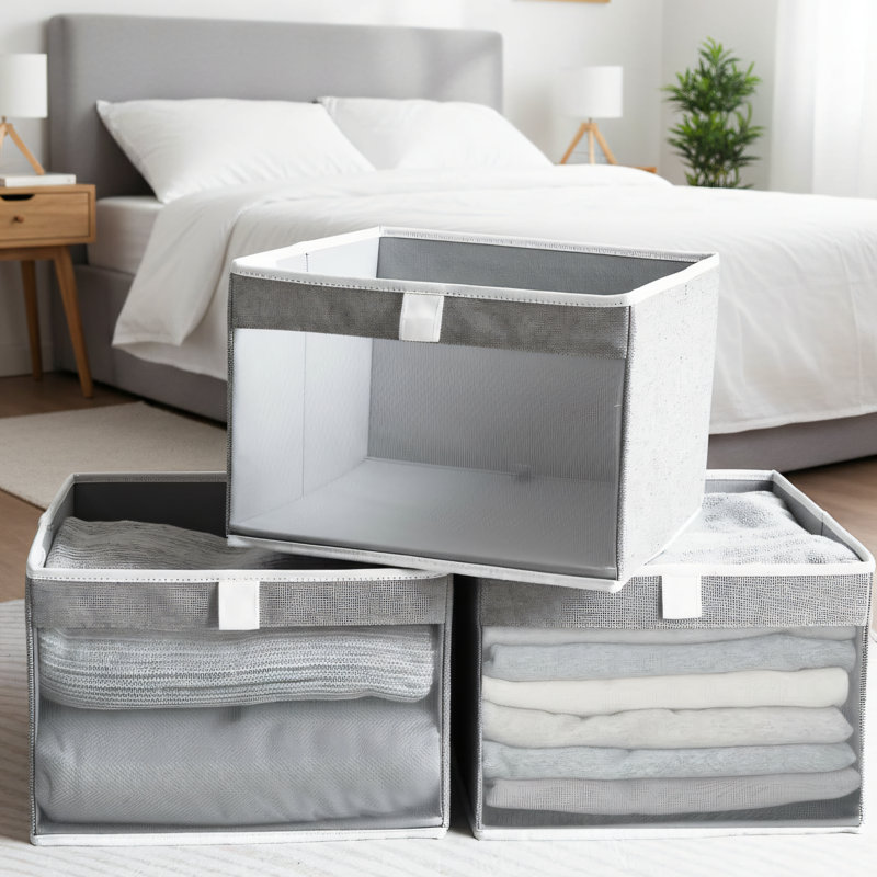 3-piece Gray Large Wardrobe Storage Box With Transparent Window And Convenient Handle; Foldable Fabric Clothing Storage Rack; Ample Capacity; A Must-have For Organizing And Storage Your Clothes At Home.