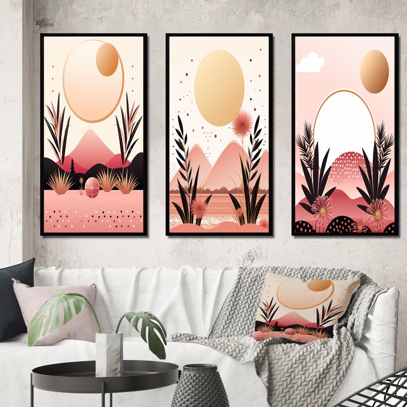 «Boho Dreams Abstract Landscape In Vintage Pink», 3 pièces sur toile, Cadre flottant noir, H 20 po x l 36 po