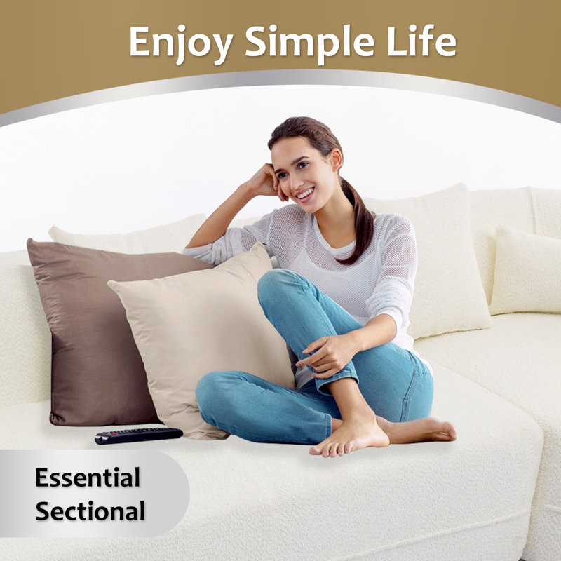Temica Compression 128"W Boucle RAF Low Back Curved Vacuumed Sectional, Beige Boucle