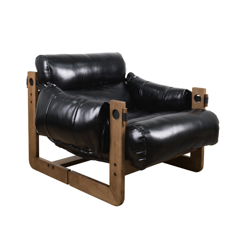 Solid Wood Leisure Lounge Chair, Black Faux Leather