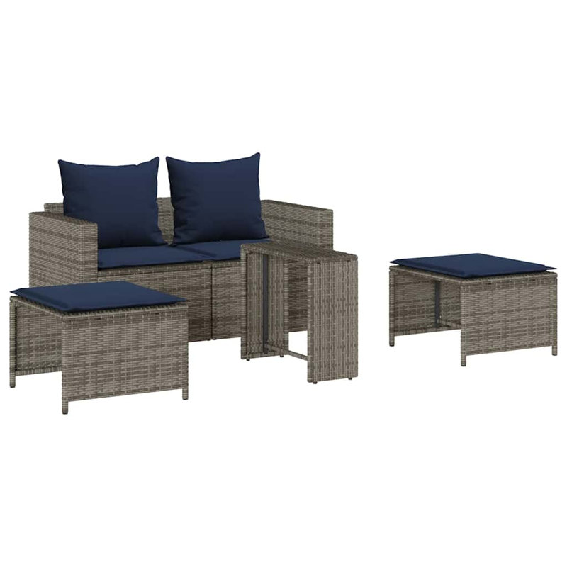 5 Piece Patio Sofa Set With Cushions Stackable Poly Rattan, Navy/Grey