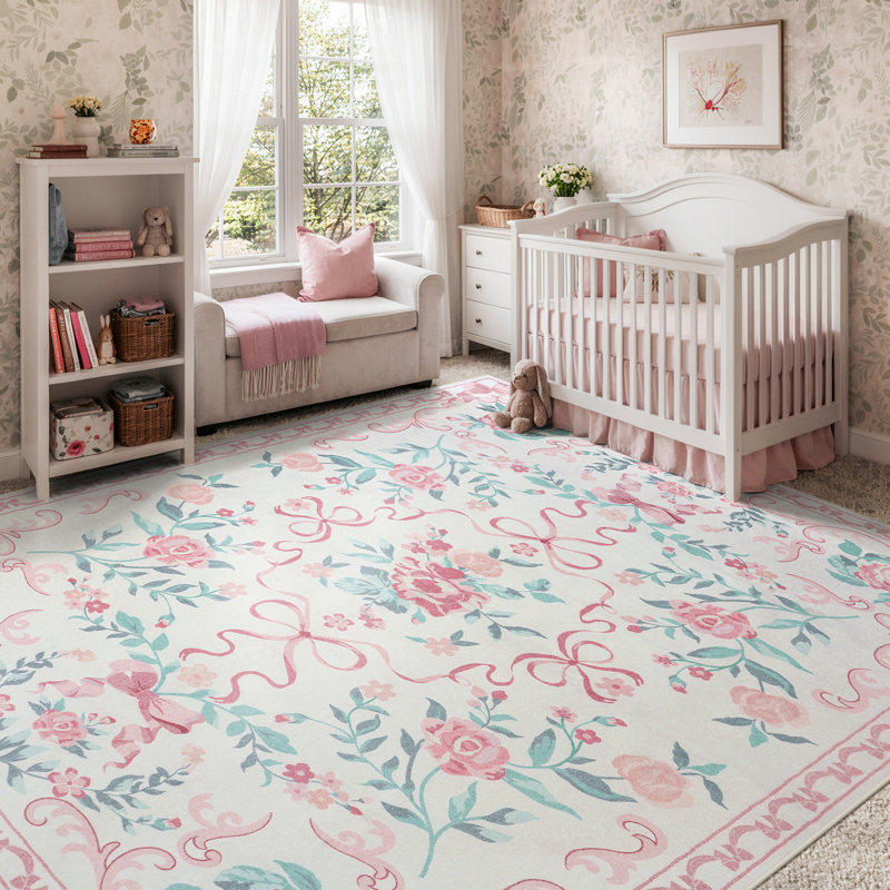 Kaldi Vintage Floral Washable Area Rug, Romantic Ribbon Design, Low Pile Non-Slip Rug for Living Room, Bedroom & Dining Room