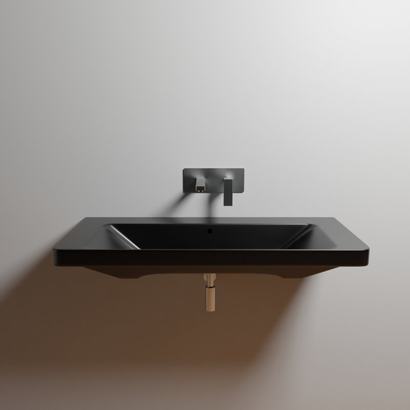 WS Bath Collections Luxury 18.1'' White Ceramic Rectangular Bathroom Sink with Overflow, No Faucet Hole, Matte Black