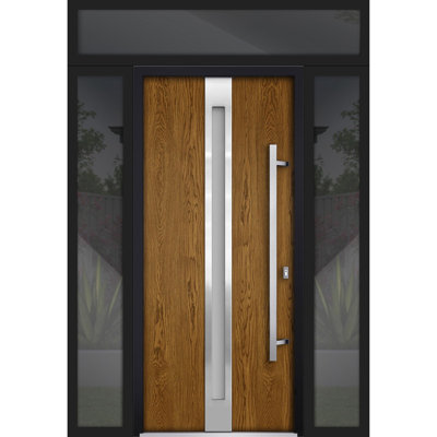 Front Exterior Prehung Steel Door Deux 1744 Natural Oak 2 Side and Top Exterior Black Window Stainless Inserts Single Modern Painted-W14+36+14 x H80+16-Left-hand Inswing