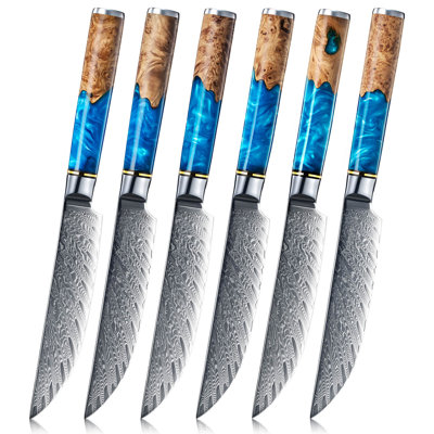 Senken Knives 6-Piece Damascus Steak Knife Set - Tsunami Collection - 67-Layer Japanese VG10 Steel - Razor Sharp Non-Serrated Blades, Resin & Natural Wood Pattern Handles, Luxury Gift Box