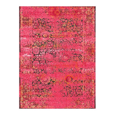 Machine Washable Pink Abstract Traditional Floral Vintage Decorative Rug