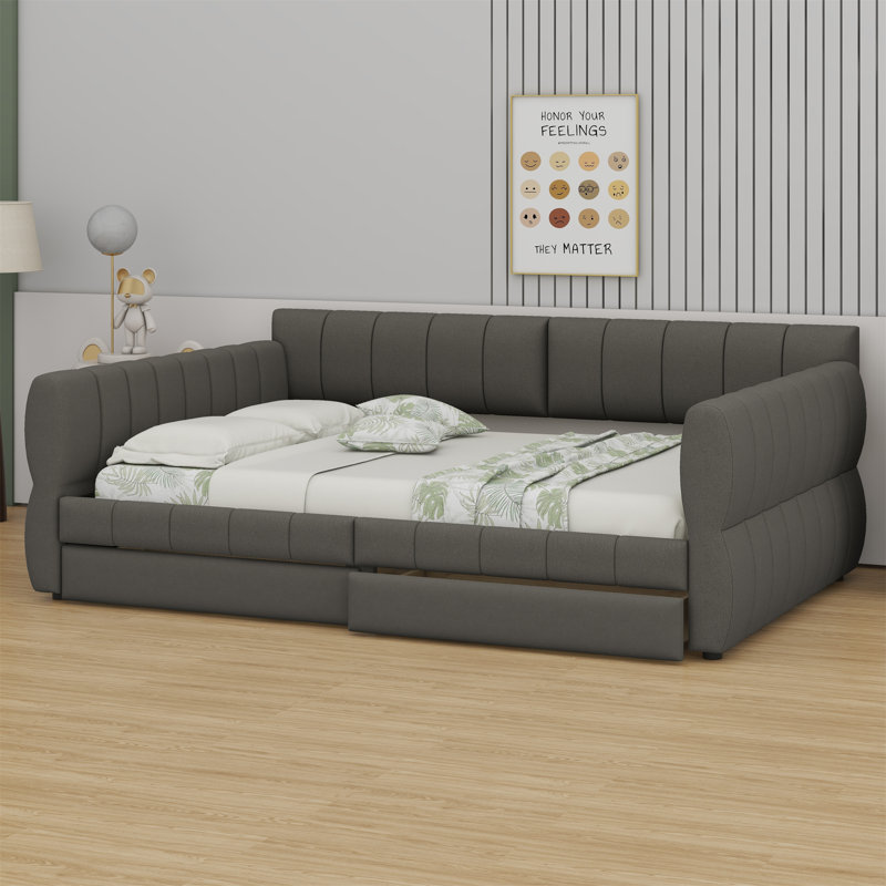 Lit plateforme tapissier avec port USB et 2 tiroirs, Gris