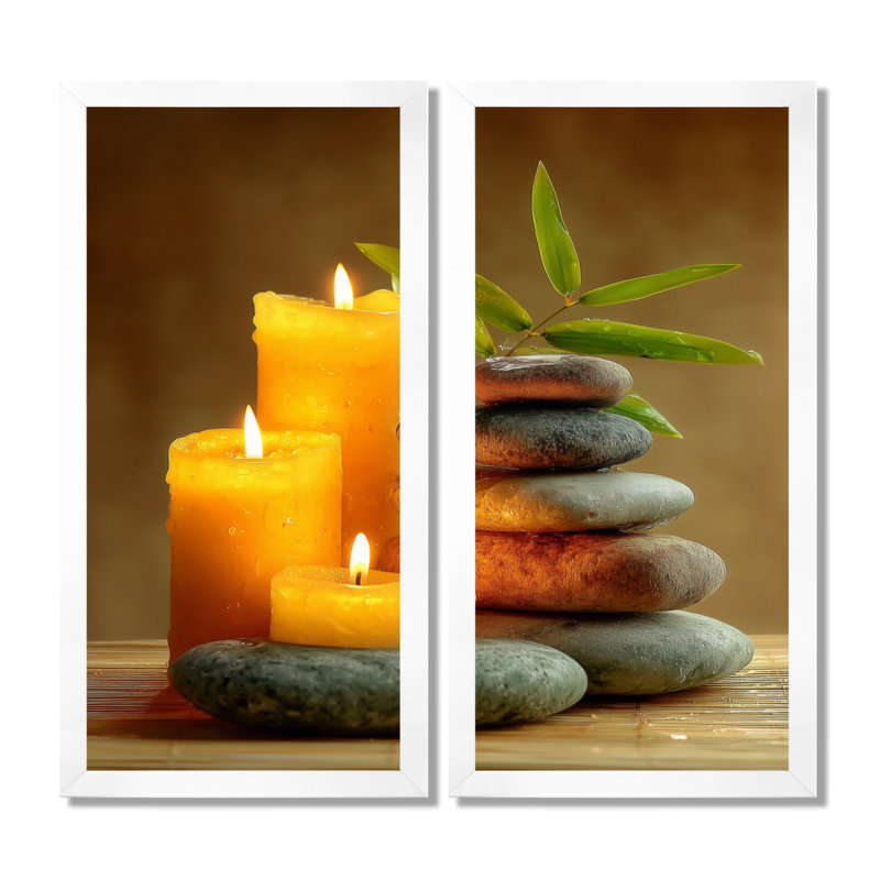 «Relaxation Candles And Bamboo», art mural sur toile en bambou, art asiatique gris, 2 pièces, H 32 po x l 32 po, Blanc