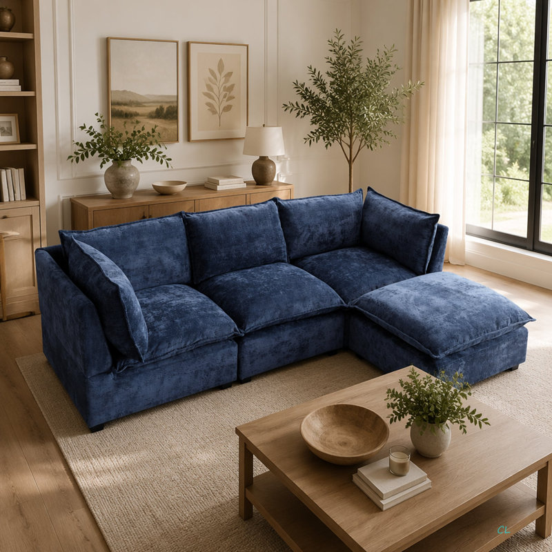 Modern Sectional Sofa,L-Shape Linen Fabric Corner Couch Set With Convertible Ottoman For Living Room, Apartment, Office, Blue