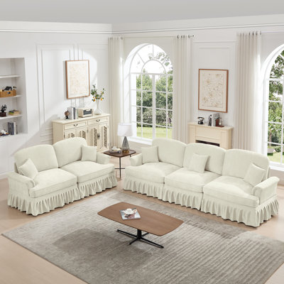 Classic 2 Piece Modular Couch Set With Flared Arms, Removable Ruffles, And Spindle Legs For Elegant Living Rooms, Beige White