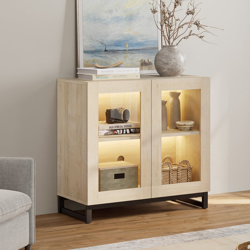 Armoire d'appoint moderne avec 2 portes en verre, commode d'appoint multifonctionnelle avec grand rangement et tablette réglable