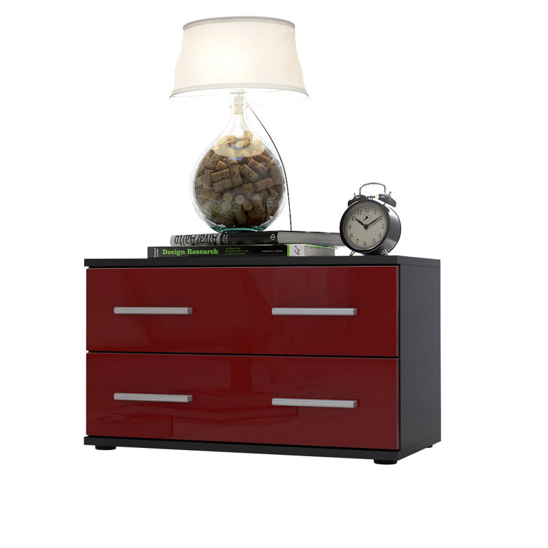 Janney 59.99cm W Wood Bedside Table, Matt black/Glossy burgundy