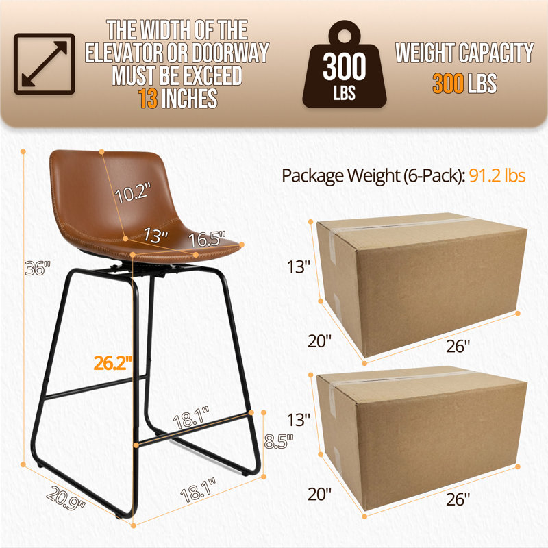 Ensemble de 6 tabourets de bar modernes pivotants de 26 po en cuir synthétique, pour îlot de cuisine, bar Home, Brown
