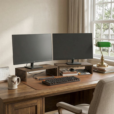 Furinno CLASSIC - Support pour écran, ensemble de 2 élévateurs de 15,7 po de large, support d'ordinateur portable empilable et séparable pour bureau, organisateurs et accessoires de bureau, pour fournisseur de bureau, pin ambre