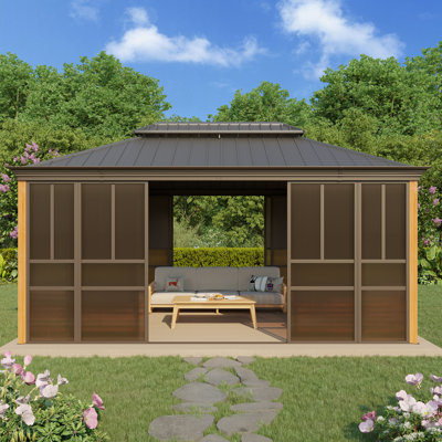 16 Ft. W X 12 Ft. D Outdoor Hardtop Sunroom Gazebo – Fully Enclosed Aluminum Solarium with Wood Grain Finish, Sliding Doors & Slideable PE Screen Windows, and Galvanized Steel Double Roof for Patio, Deck & Hot Tub