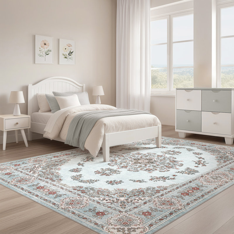 Tapis de sol intérieur antidérapant lavable Boho, Rectangle 5 pi x 7 pi, Bleu