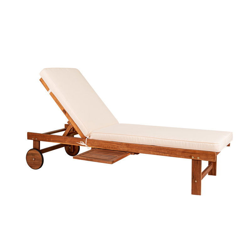 Seabrook Modern 69" Acacia Wood Outdoor Chaise Lounge Chair with Adjustable Back, Cushion, Wheels & Pull-Out Table for Patio & Poolside