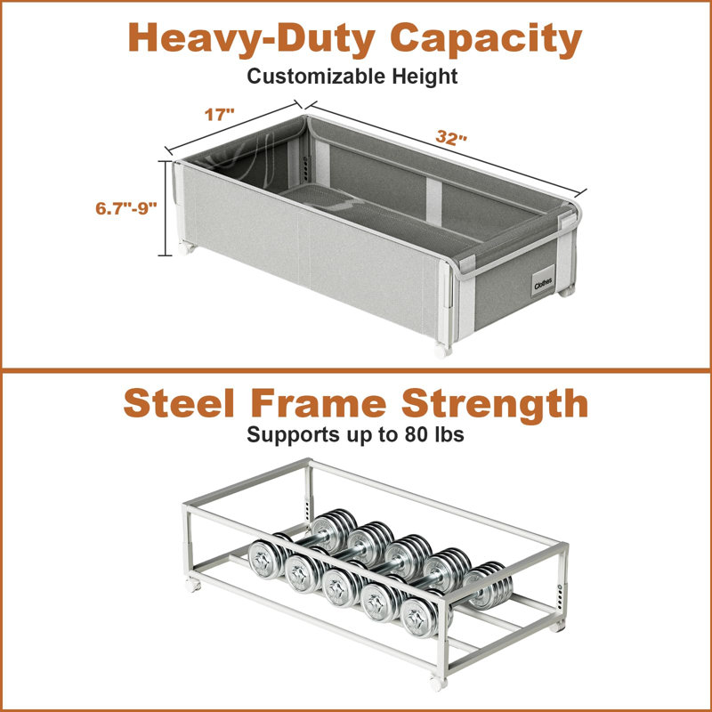 Under Bed Storage with Wheels, Adjustable Height Underbed Storage, Under Bed Storage Containers, Rolling Under Bed Clothes Storage, Metal Under Bed Drawers for Shoes, Blankets, Toys, 2 Pack, (Grey)