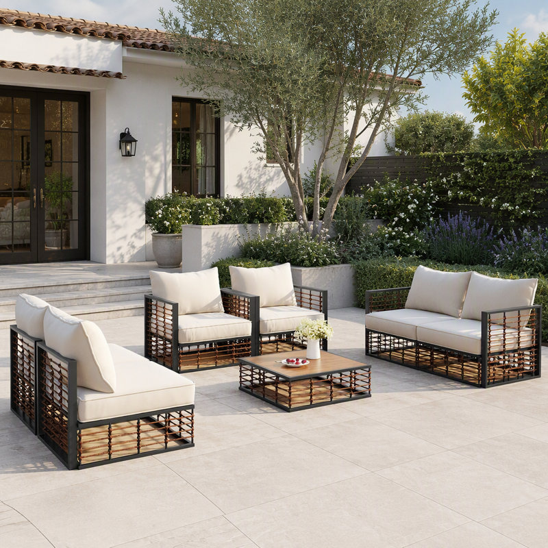 Ensemble de canapé d'angle moderne et minimaliste en métal sept pièces pour patio, avec coussins épais et table basse extérieure
