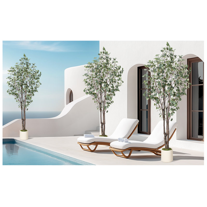 5-7FT Artificial Eucalyptus Tree with LED Lights & White Planter, 60" H x 27.56" W x 27.56" D