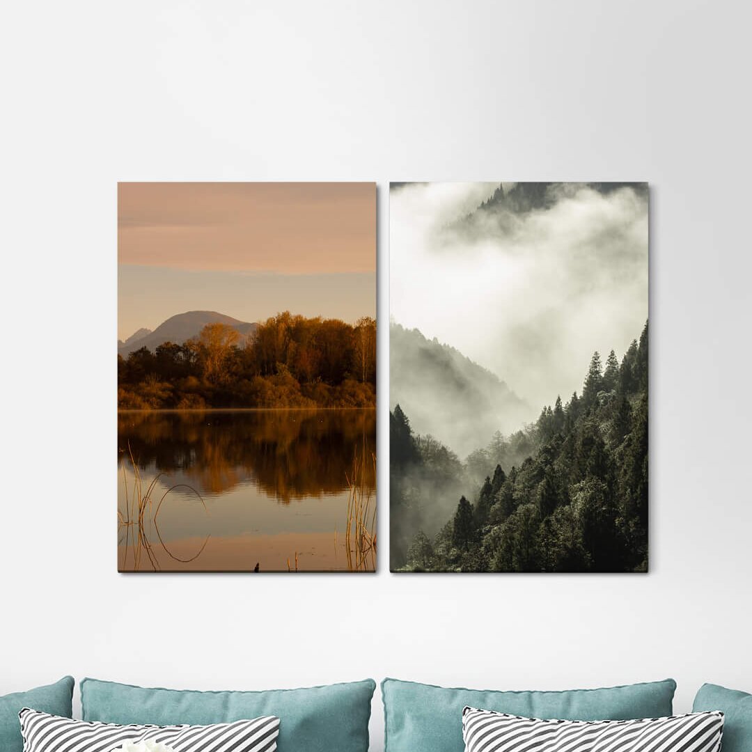 2-tlg. Leinwandbilder-Set - Fotografie "Berge Schnee Sonnenstrahlen Stille Unberührte Natur Erhaben"