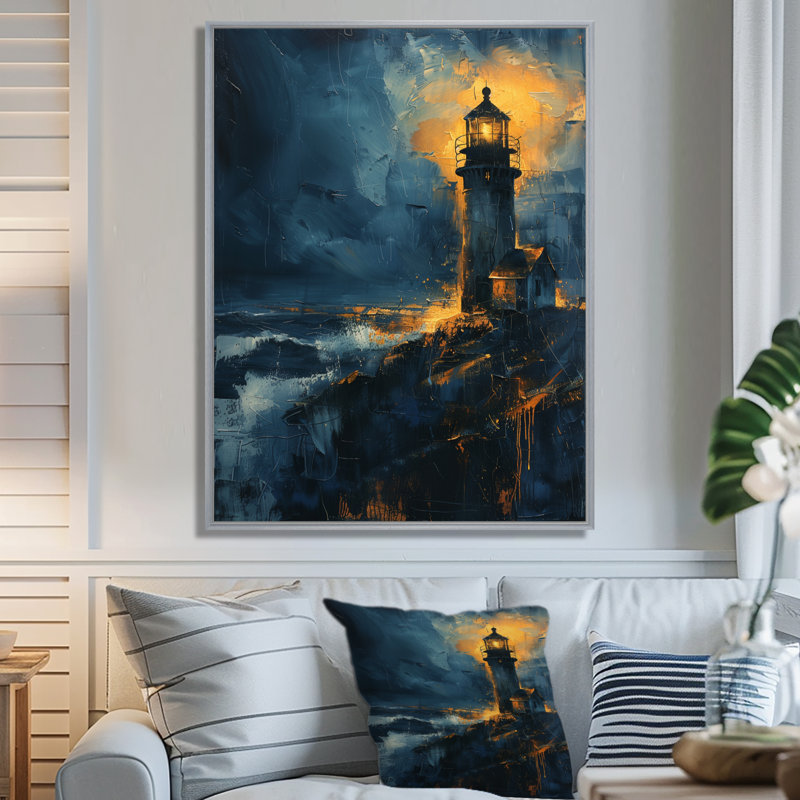 Black Blue Moonlit Winter Lighthouse - Lighthouses Wall Decor, 24" H x 32" W, Silver Floater Framed