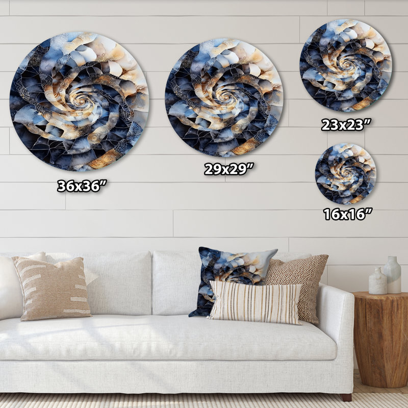 «Blue Coastal Light Spiral», art mural abstrait en métal cosmique, impression murale jaune, H 16 po x l 16 po