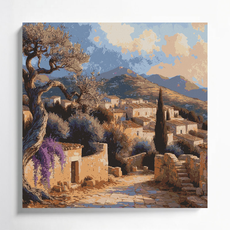 Art mural sur toile brun avec villes chypriotes, H 12 po x l 12 po