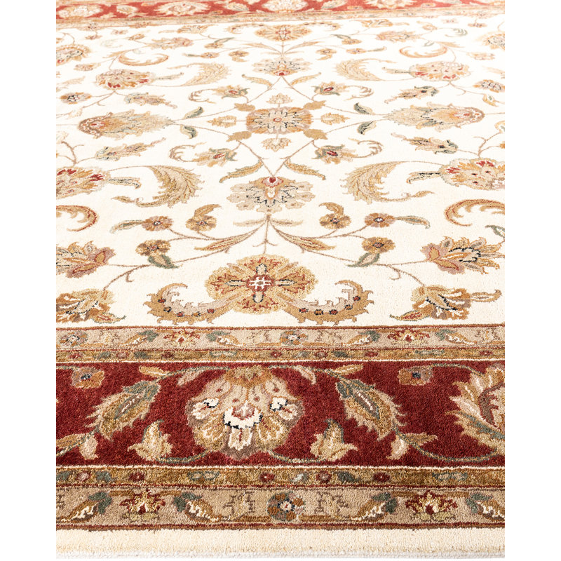 Ivory and Red Hand-Knotted Wool Rectangular Area Rug