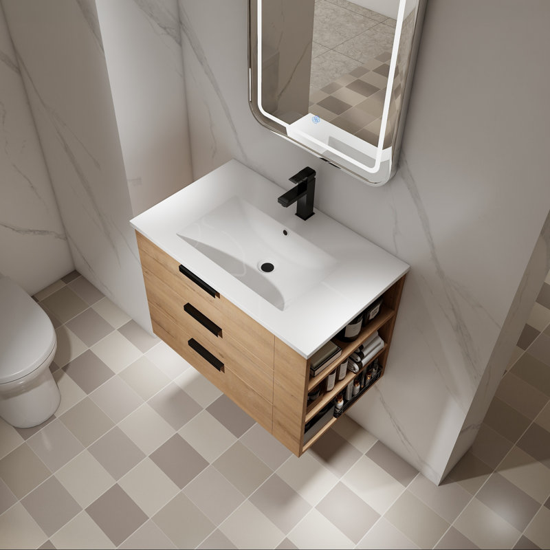 Meuble-lavabo mural avec tiroir et tablette à fermeture en douceur, Oui