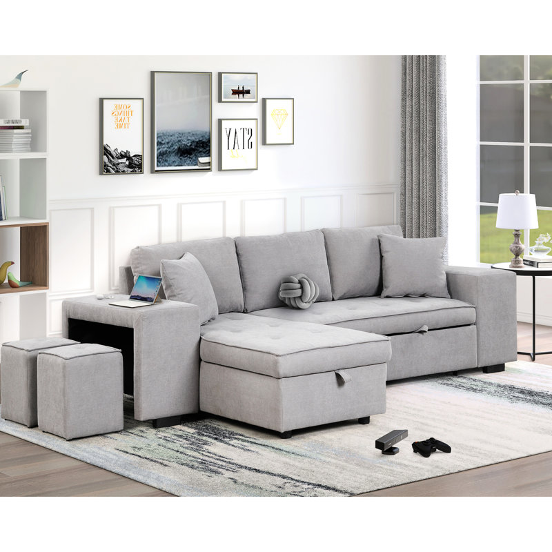 Canapé-lit d'angle réversible en forme de L de 104,5 po, méridienne de rangement et 2 tabourets, gris, fonction canapé-lit d'angle convertible, 104,5 po