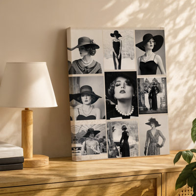 Toile, création d'un collage de haute couture mettant en vedette des images emblématiques de l'art mural noir et blanc représentant une femme élégante en tenue élégante