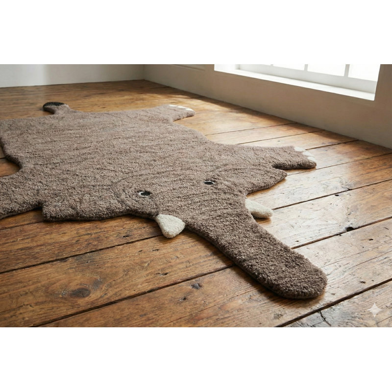 Tapis en velours brodé éléphant Asana, Brun