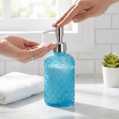 Casafoyer Glass Soap Dispenser, 15 Oz Refillable Bottle With Rustproof Pump, Dishwasher Safe (Blue)