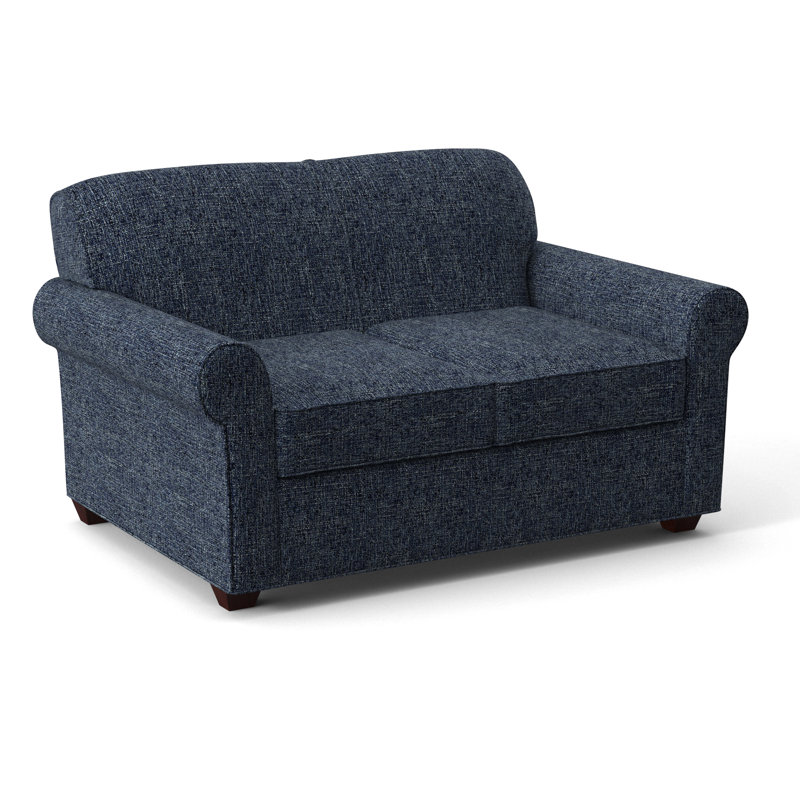 Finn 59" Rolled Arm Sofa Bed Loveseat with Reversible Cushions, Empire Mahogany, Connelly Blue Jay