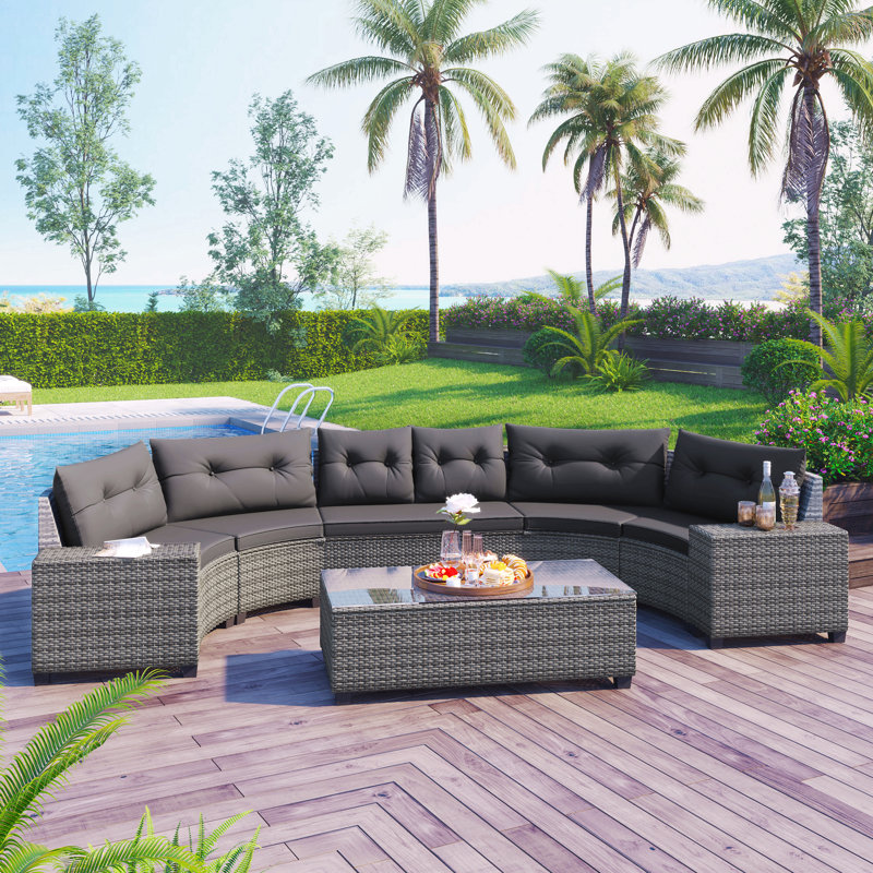 8-Pieces Outdoor Wicker Round Sofa Set, Half-Moon Sectional Sets All Weather, Curved Sofa Set With Rectangular Coffee Table, Pe Rattan Water-Resistant And Uv Protected, Movable Cushion