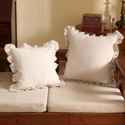 Coussin décoratif en lin Shabby Chic 18 po x 18 po, ensemble de 2 housses de coussin en lin de style campagnard avec volants