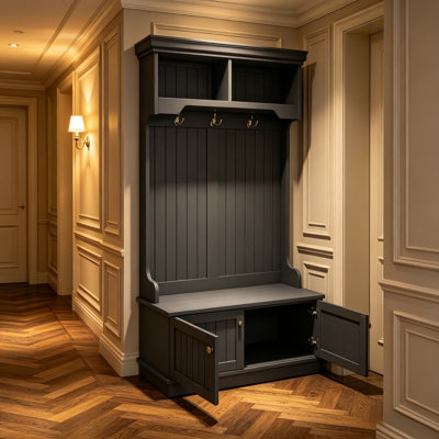 The Black Hall Tree Features A 4-In-1 Design, Complete With Coat Racks And Hooks, Suitable For Foyer And Hallway Use, And Includes A Storage Shoe Bench For Practical Organization.