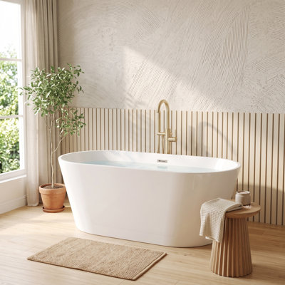 Baignoire autoportante contemporaine en acrylique de 150 cm x 76 cm avec bonde chromée à robinet au pied, blanc brillant