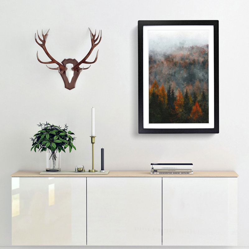 Misty Forest in the Autumn - Picture Frame Painting Print, 45cm H x 33cm W x 2cm D, Black Framed
