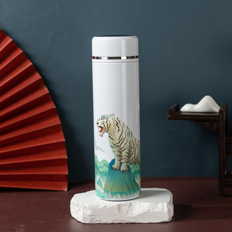 Tasse à café isotherme isotherme de voyage, thé et bouteille avec crépine amovible et température avec art chinois - 16,9 oz liq. (Tigre blanc)